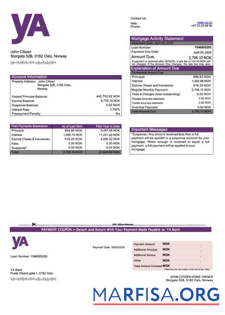 Downloadable Norway yA Bank mortgage statement Word and PDF template